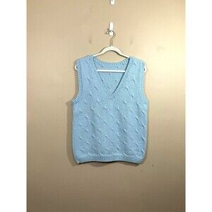 Vintage Womens Hand Knit V-Neck Sweater Vest L Blue Preppy Academia Granny Retro